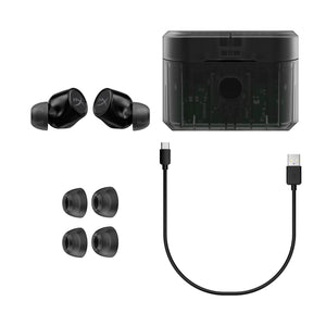 Front view of the HyperX Cirro Buds Pro Black accessories and contents