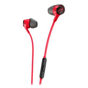 Front view of the HyperX Earbuds II Red, featuring the mic and controls