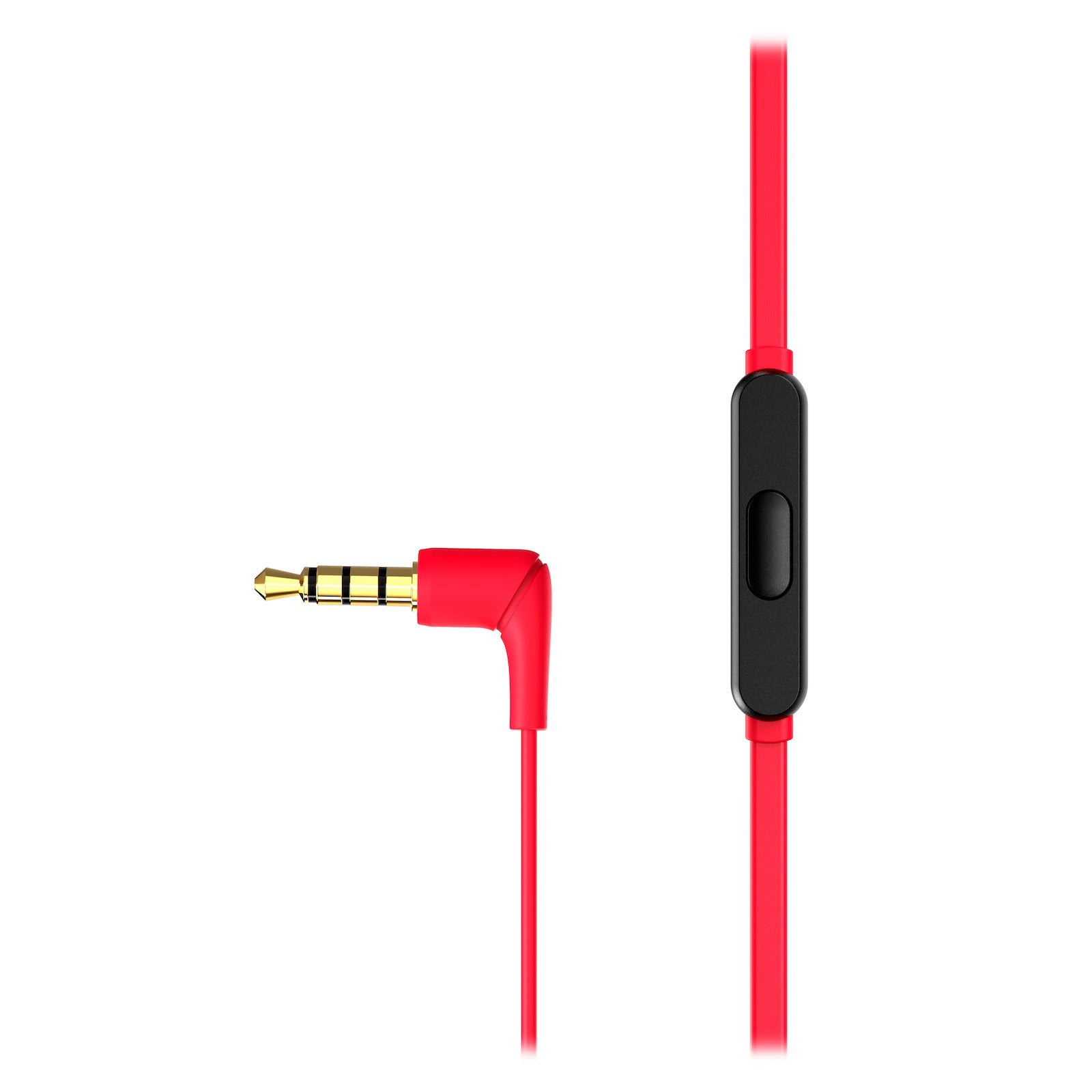 Close front view of the HyperX Earbuds II Red, featuring the microphone and the cable