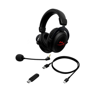 Main  view of the HyperX Cloud II Core Wireless Gaming Headset, including all the accessories and box contents