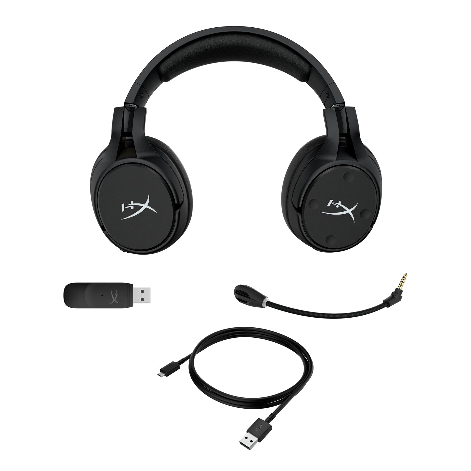 Front main view of the HyperX Cloud Flight S Wireless Gaming Headset featuring accessories and contents