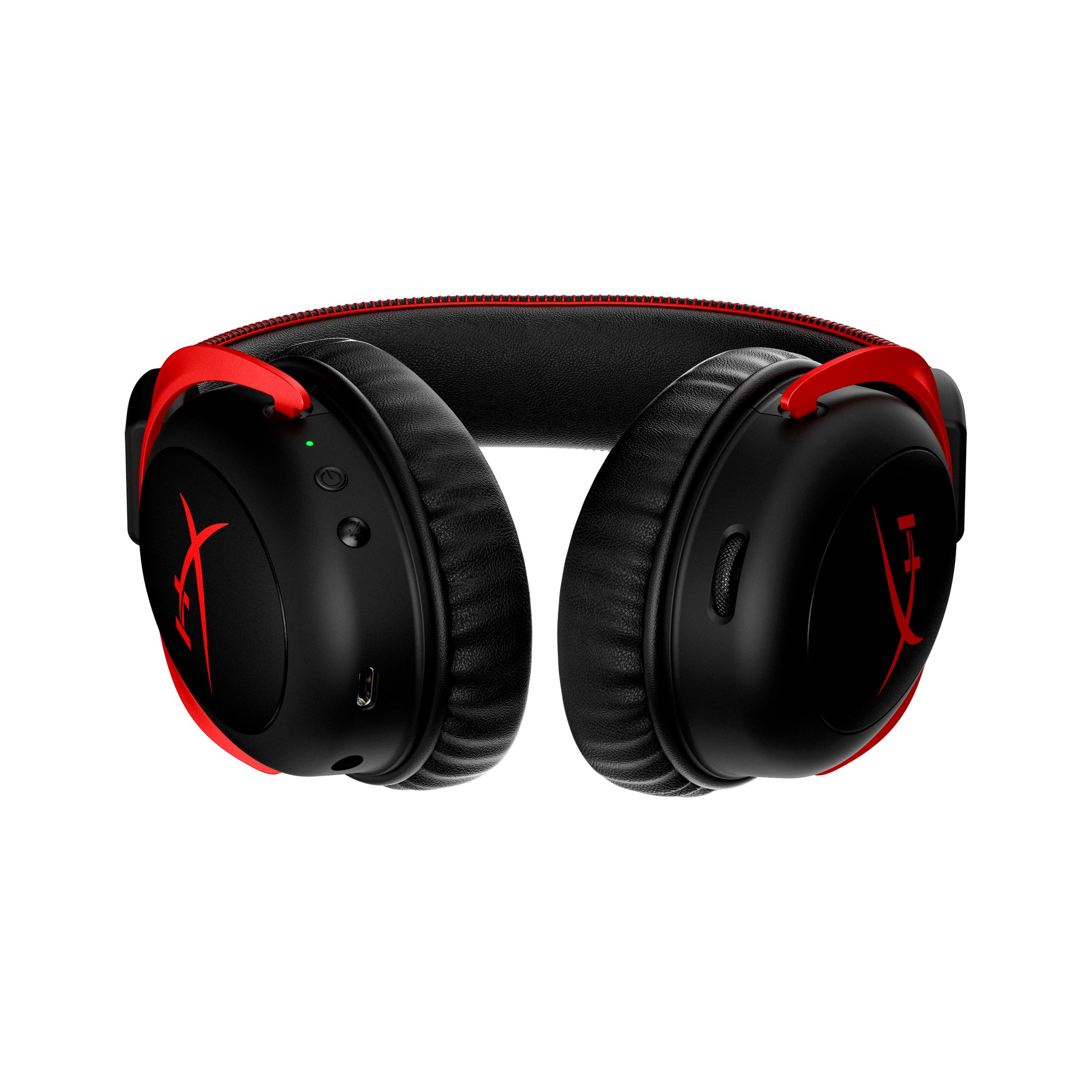 A view of the audio controls for power, volume, mic mute and mic monitoring on the base of the HyperX Cloud II wireless gaming headset