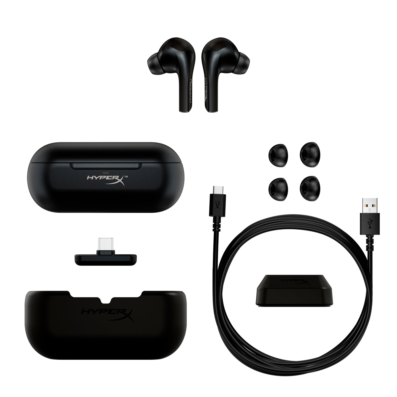 HyperX Cloud Mix Buds wireless headphones with the charging case, Type C wireless adapter, charging cable and silicone ear tips