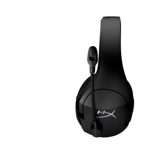 A left hand view of the HyperX Cloud Stinger Core Wireless Gaming Headset + 7.1 displayig the swivel to mute mic raised in the upwards mute postion