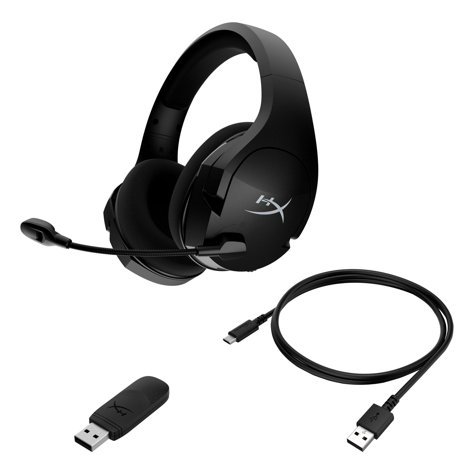 HyperX Cloud Stinger Core wireless gaming headset featuring charging cable and USB wireless adapter