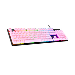 HyperX Full Set Keycaps PBT pink, displaying a right angle view and featuring RGB lighting