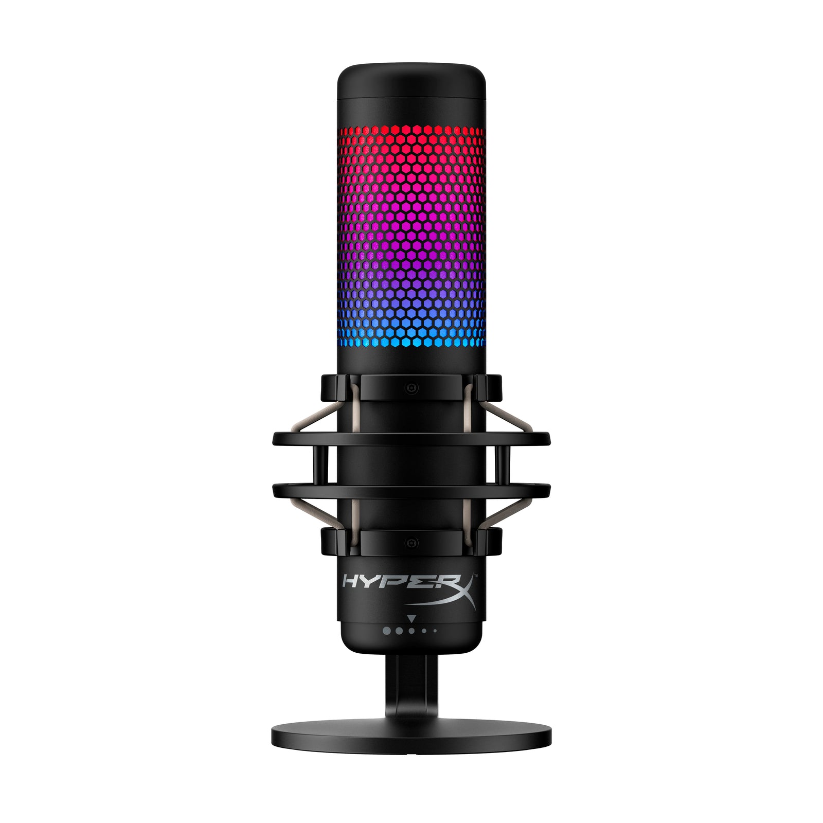 Front position of a mounted HyperX Quadcast S Microphone displaying red, purple and blue RGB lighting and the shock mount and gain control dial below