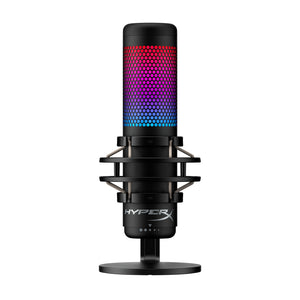 Front position of a mounted HyperX Quadcast S Microphone displaying red, purple and blue RGB lighting and the shock mount and gain control dial below