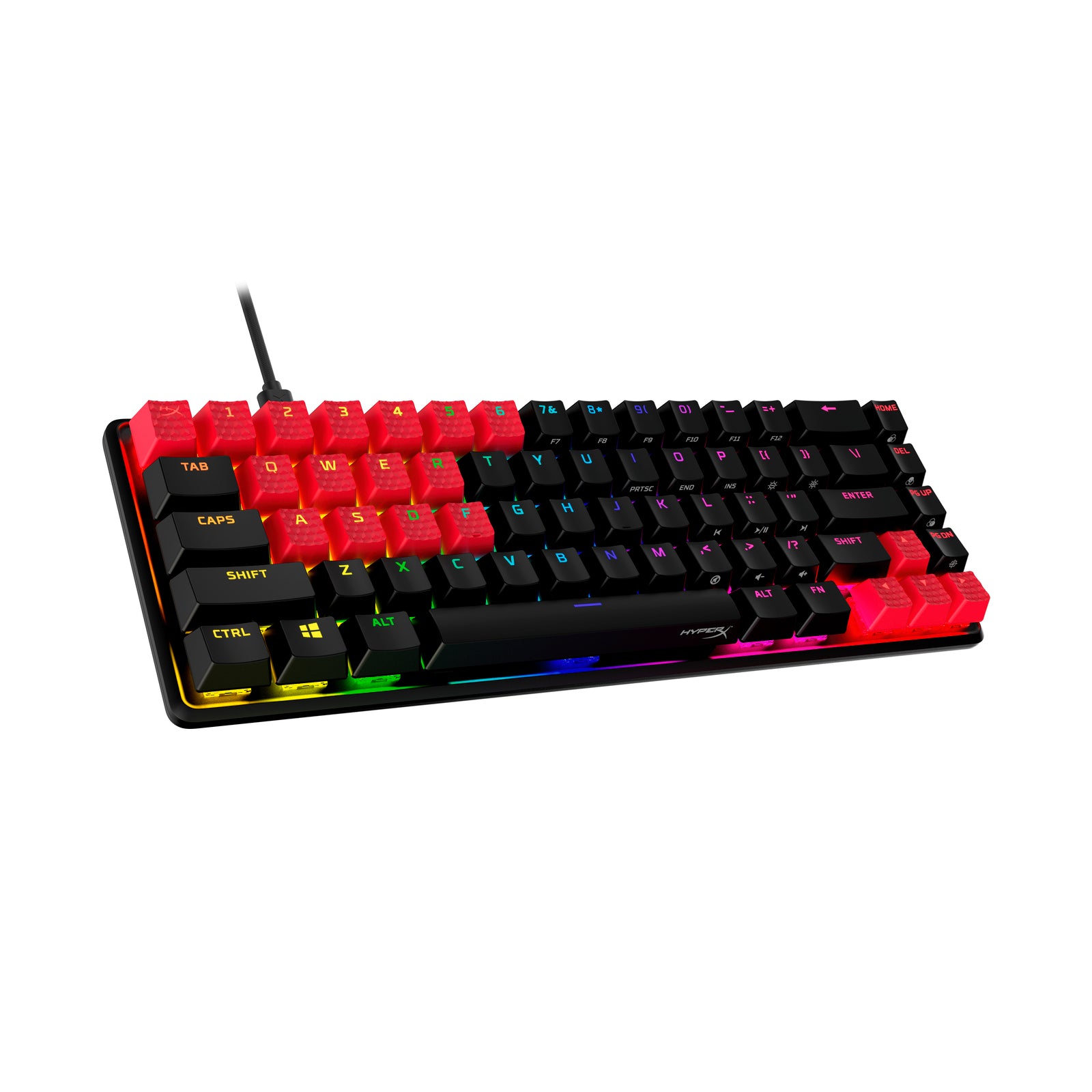 Front angled view of HyperX rubber keycaps in red
